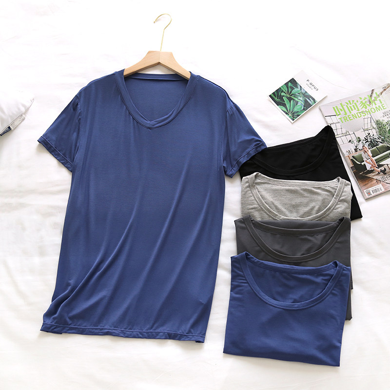 Summer Modale men's T-shirt round collar slim short sleeve sweatshirt pure color minimalist V collar home blouse summer extras