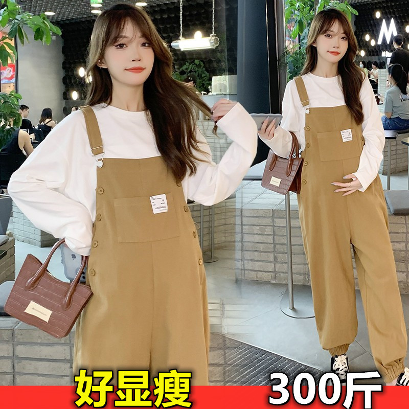 Plus Size 300 Spring and Autumn Maternity Loose Overalls Pure Cotton Top and Suspender Pants Set Workwear Long Pants 100kg