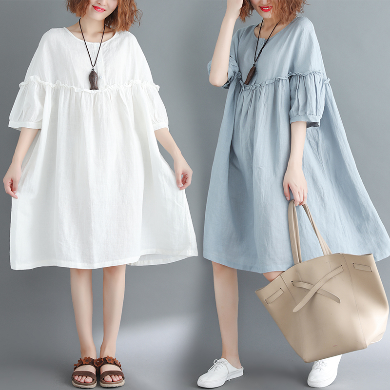 Plus Size Maternity Dress Summer 200— 150kg Cotton and Linen Loose Fit for Plus-Size Women Slimming Long Dress