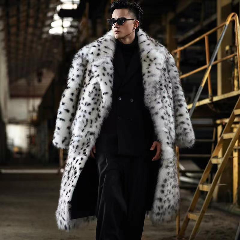 Winter New Men's Faux Fur Thickened Plus-Size Suit Collar Long Coat Leopard Print Fox Fur Coat Trendy