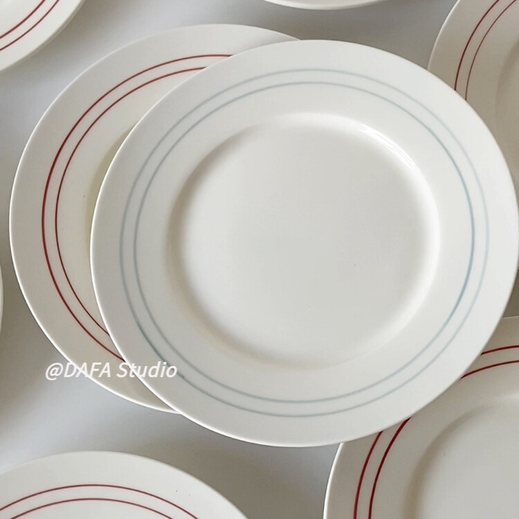 Korean Style ins Minimalist Red and Blue Line Blogger Picks Dessert Simple Meal Flat Plate Household Tableware Dish Plate