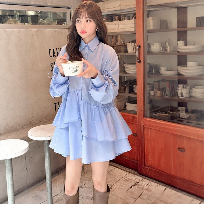 【Pure and Ethereal】A Beautiful Atmosphere, Asymmetrical Ruffled Pleated Long-Sleeve Mini Shirt Dress