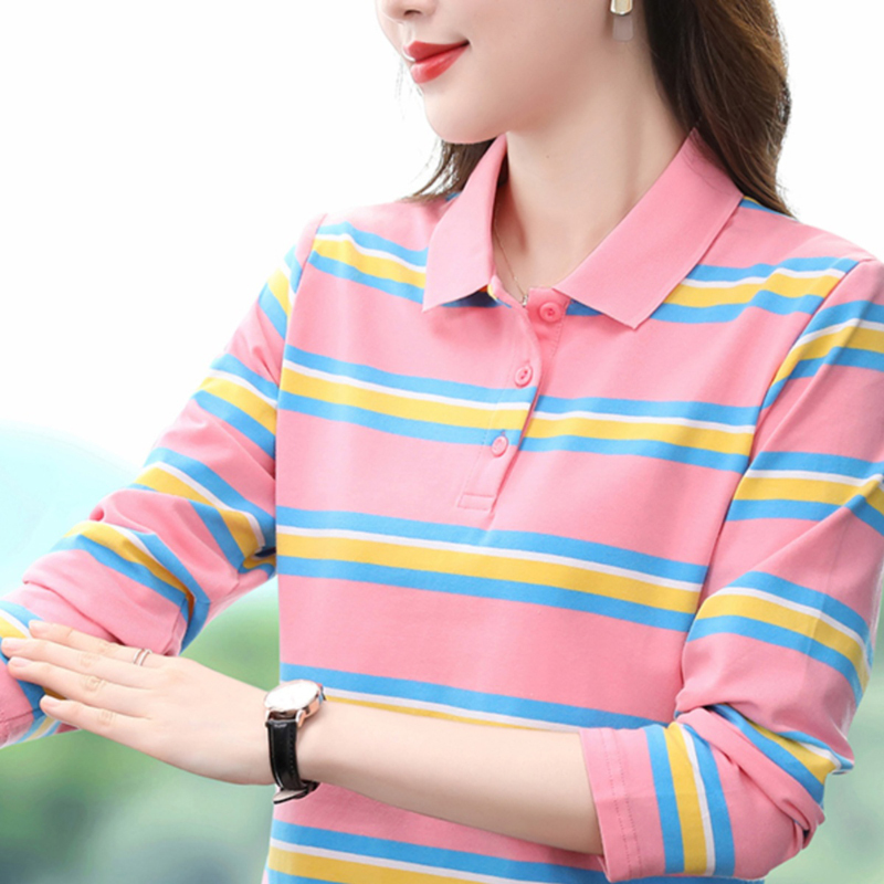 Brand Long-Sleeve T-Shirt for Women, Spring and Autumn, Elegant Mother-Style Striped Polo Shirt, Pure Cotton, Loose Fit, Turn-Down Collar, Base Layer Top, Plus Size