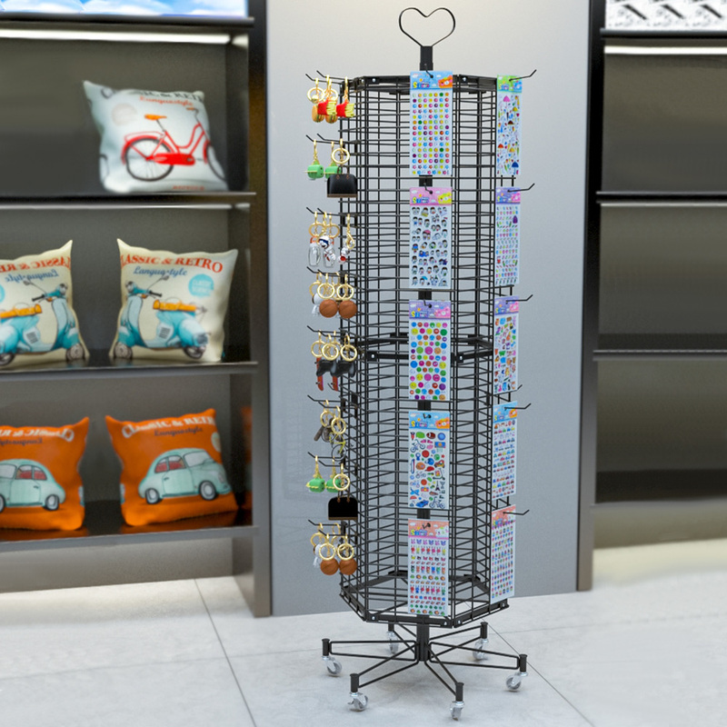 Metal Floor-Standing Six-Sided Rotating Rack for Stationery, Toys, Accessories, Keychains, and Stickers