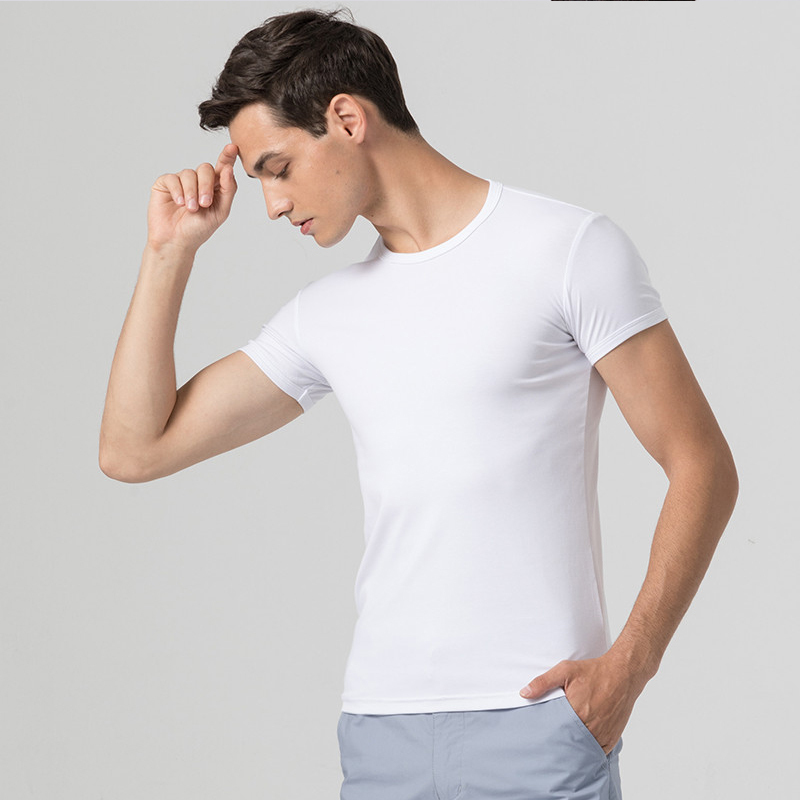 High Elastic Super Soft T-Shirt Men's Short-Sleeved Autum Round Neck Tight Fitness Top Pure White Stretch Cotton Bottoming Shirt Comfortable
