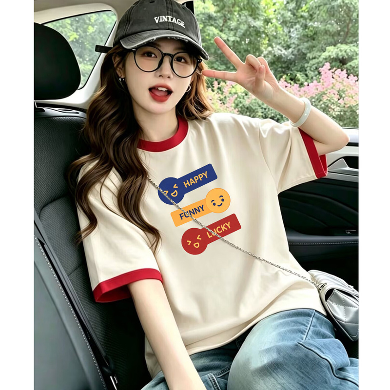 Japanese-Style Trendy Brand Letter Smiley Face Print Short-Sleeve T-Shirt for Women 2026 New Summer Loose Pure Cotton Couple Style Top