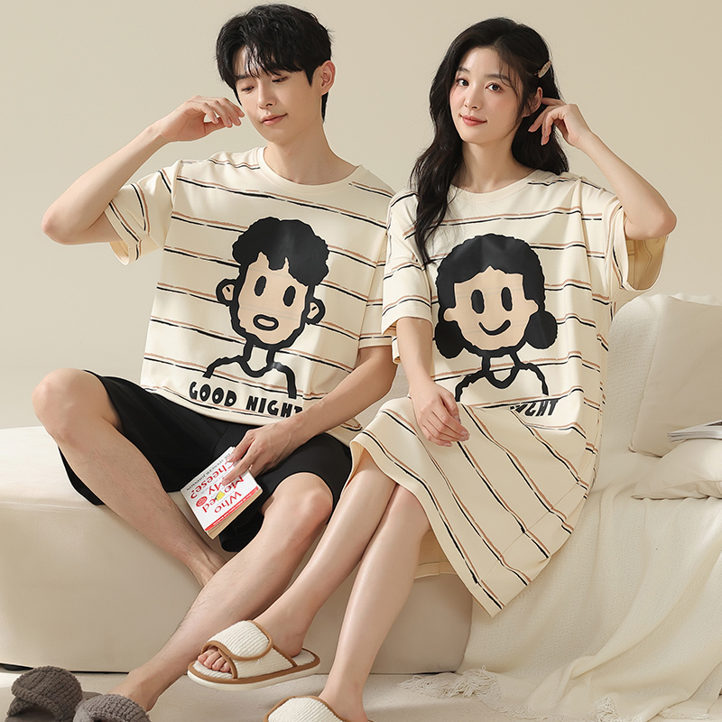 2 Sets Price Summer Couple Pajamas Pure Cotton Short-Sleeved Nightgown for Women Cartoon Korean Style Can Be Worn Outside Men's Home Wear Set