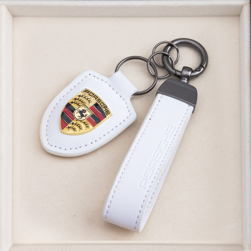 Porsche Shield Emblem Panamera Cayenne Genuine Leather Keychain Key Ring Strap 911 Classic Series Key Ring