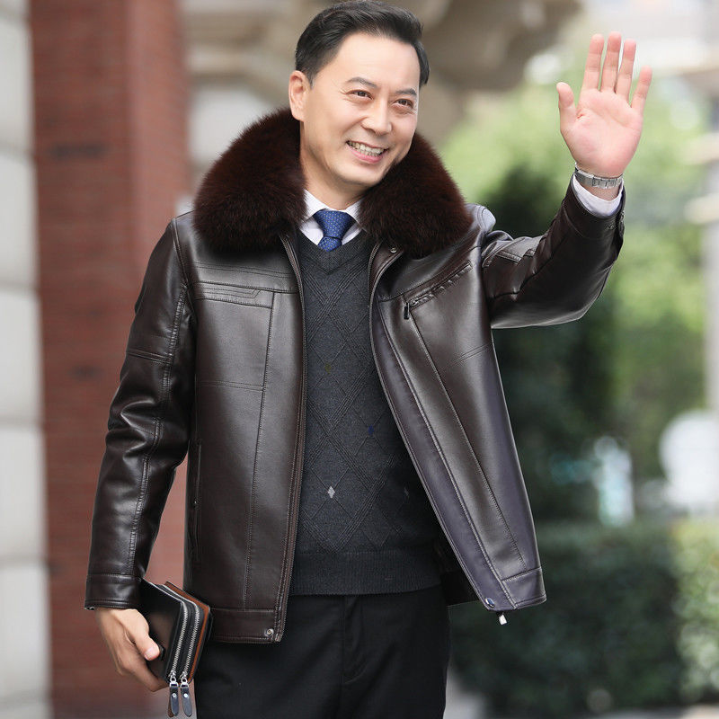 Middle-Aged and Elderly Men's Leather Jacket, Dad's Style, Fleece-Lined and Thickened, Haining Genuine Fur Winter Leather Coat, Detachable Jacket, Mink