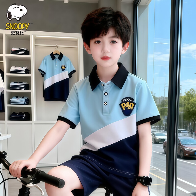 Snoopy Boys' Pure Cotton Short-Sleeved T-Shirt, Summer Polo Shirt for Older Children, Elementary School Students, Half-Sleeved T-Shirt, Children's Top