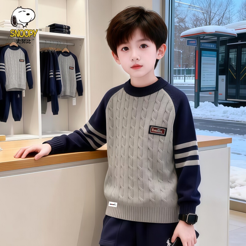 Snoopy Boys' Pure Cotton Round Neck Base Shirt 2026 New Autumn and Winter Children's Fleece-Lined Thickened Sweater Pullover