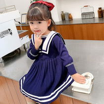 Navy Knit One-piece Dress Girl 2022 Chunqiu New Autumn Neckline Princess Skirts Foreign Air College Wind school uniforms