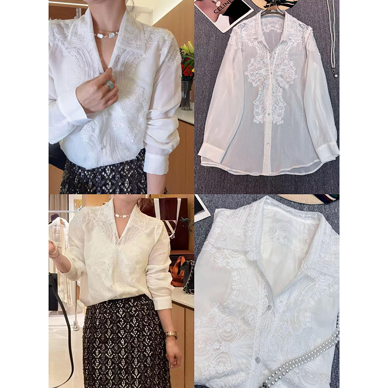 Light Luxury Heavy-Duty Lace Patchwork 100% Cupro Silk Shirt, Palace-Style Niche Design, Elegant Lapel Top, Spring 26 Light Luxury Heavy-Duty Lace Patchwork 100% Cupro Silk Shirt, Palace-Style Niche Design, Elegant Lapel Top, Spring 26