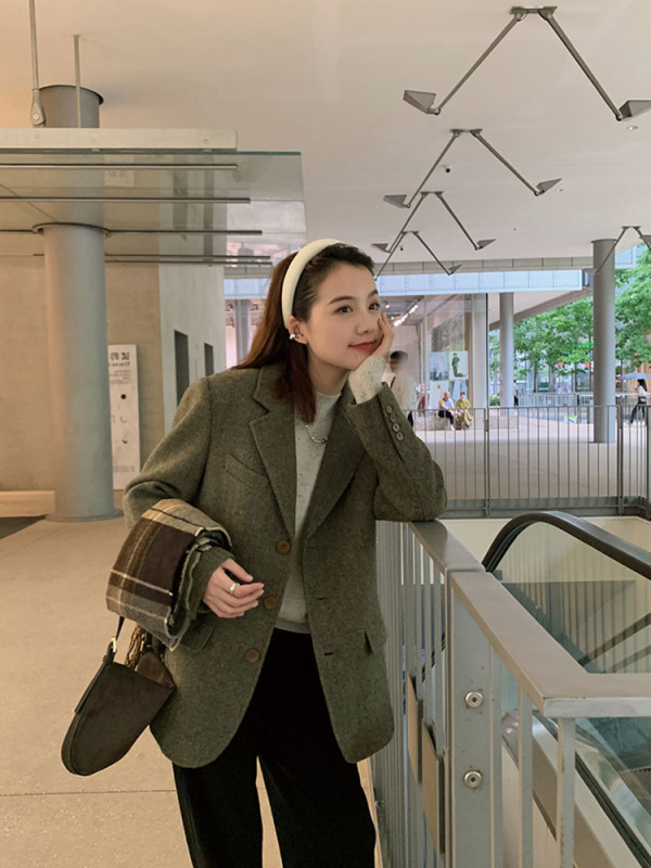 Wool Retro Tweed Herringbone Woolen Blazer for Women, Spring and Autumn British Style High-End Suit Jacket for Women