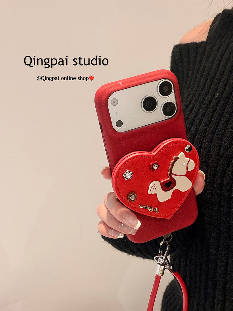 Lightweight Leather New Year Red 3D Heart Mirror Case with Lanyard Suitable for Apple 17 Pro Max Phone Case iPhone 16 Pro New Model 15 Women's Model 14 Simple 13 High-End Full-Cover Hard Case