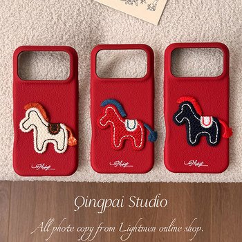 Lightweight New Year Red Embroidered 3D Pony Phone Case for Apple 17 Pro Max, iPhone 16 Pro New Model, 15 Women's Model, 14 Leather Simple Style, 13 Creative Year of the Horse Festive Full-Cover Hard Case