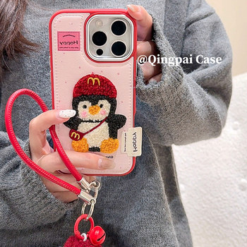 Lightweight Red New Year Cute Leather Embroidered Penguin Phone Case with Lanyard for Apple 16 Pro Max, iPhone 13 New Model 15 Pro Women's Model 14 Cartoon ins Fun Style Full-Cover Hard Case