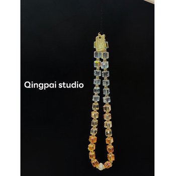 ins Wind Square Gradient Crystal Mobile Phone Lanyard Short Pendant Anti-Lost Ccd Camera Earphone DIY Beaded Chain