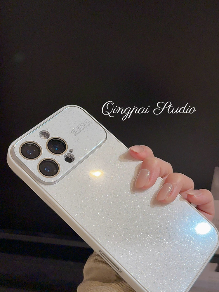 Lightweight Large Window Lens Film White Glass Case Suitable for Apple 17 Pro Max Phone Case iPhone 16 Pro New Model 15 Women's Model 14 High-End Solid Color 13 Simple Texture Full-Cover Hard Case