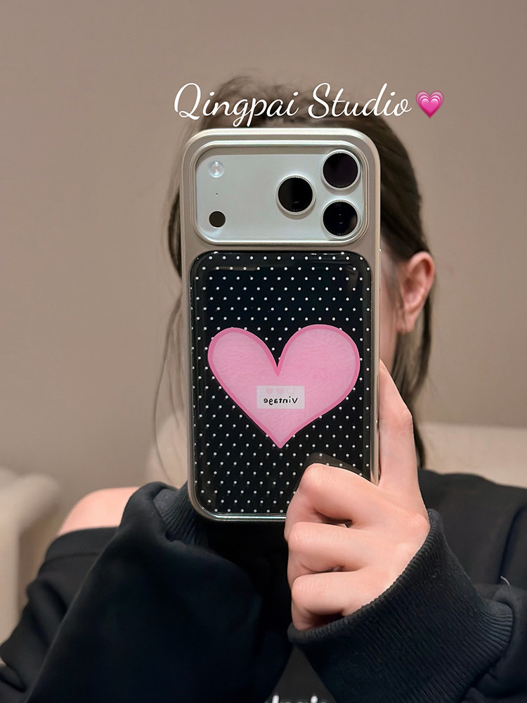 Lightweight ins Korean-Style Polka Dot Pink Heart Phone Case Suitable for Apple 17 Pro Max, iPhone 16 Pro New Model, 15 Women's Model, 14 Silver Frame, 13 Simple Niche High-Value Full-Cover Hard Case