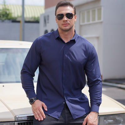 Spring and Autumn new style overweight and plus-size men's long-sleeved shirt, large-sized casual solid color no-iron shirt, men's thin top for overweight