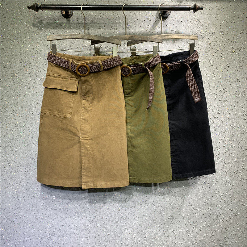 Spring Autumn New Large Pocket Casual Work Dress Woman High Waist Display Slim Front Open Fork A Word Bag Hip Denim Half Body Skirt