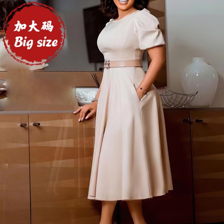 European and American Export Fashion Round-Neck Plus-Size Dress for Chubby Women, Commuting Waist-Cinching A-Line Skirt with Belt, Long Skirt