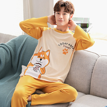 Mens pajamas spring and autumn pure cotton long-sleeved student youth autumn loungewear Summer thin youth loungewear