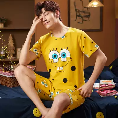 Pajamas men summer short-sleeved shorts cotton thin set for boys and teenagers students