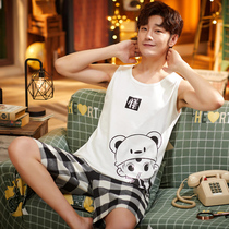 Mens pajamas summer cotton vest thin youth student sleeveless cartoon cotton home service suit summer