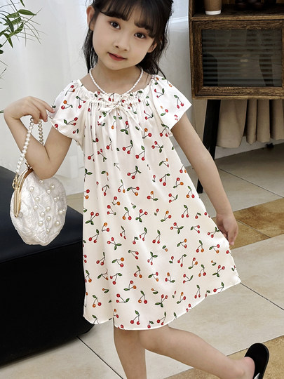Mulberry Silk Girls' Silk Nightgown Summer Short-Sleeved Pajamas for Older Children Children's Dress Princess Loungewear Thin Style