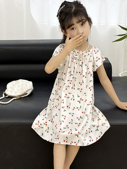 Mulberry Silk Girls' Silk Nightgown Summer Short-Sleeved Pajamas for Older Children Children's Dress Princess Loungewear Thin Style