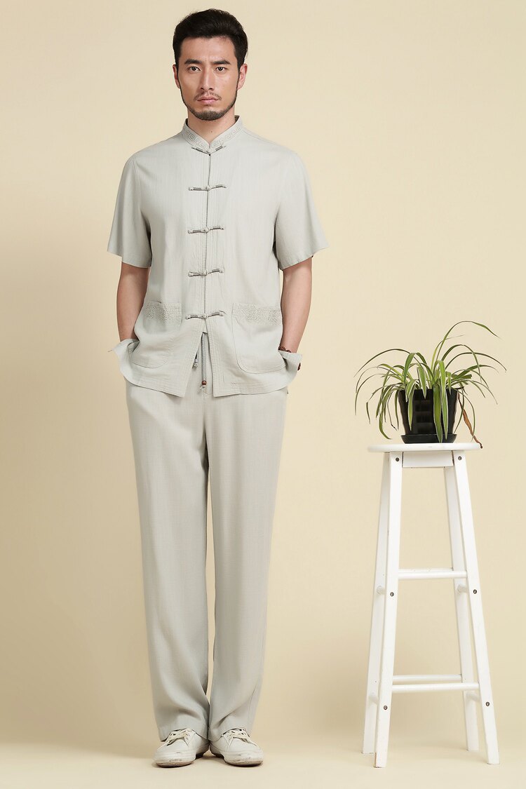 唐装男套装中老年居士服男士中式长袖棉麻休闲茶服中国风男装