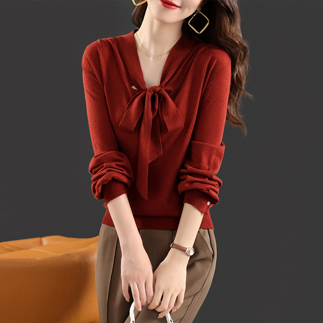 Wool cashmere sweater women's sweater autumn 2022 new loose long-sleeved knitted butterfly knot lace-up bottoming shirt