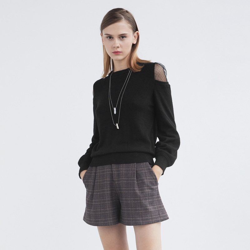 Sdeer Winter Ribbed Round Neck Organza Patchwork Long-Sleeved Knitwear S21483528