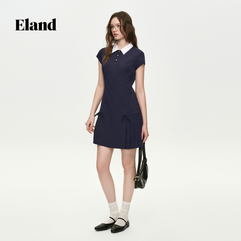 Eland Women's Fashion College Style Polo Collar Short-Sleeve Slimming Striped Dress 2026 Summer
