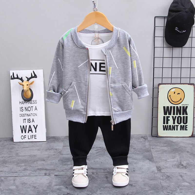 Bhn Zipper Three Piece Set - Grey2021 Boy Spring Three piece set children child leisure time clothes Baby boy Autumn clothes 1-3 year 4 Foreign style tide Children's wear