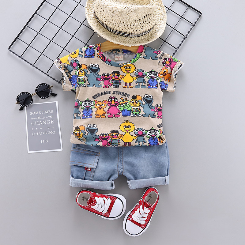 BB Big Bird Khakiparagraph Boy summer Short sleeve suit 1-3 year 4 children Foreign style Check pattern shorts 2021 baby summer wear Two piece set
