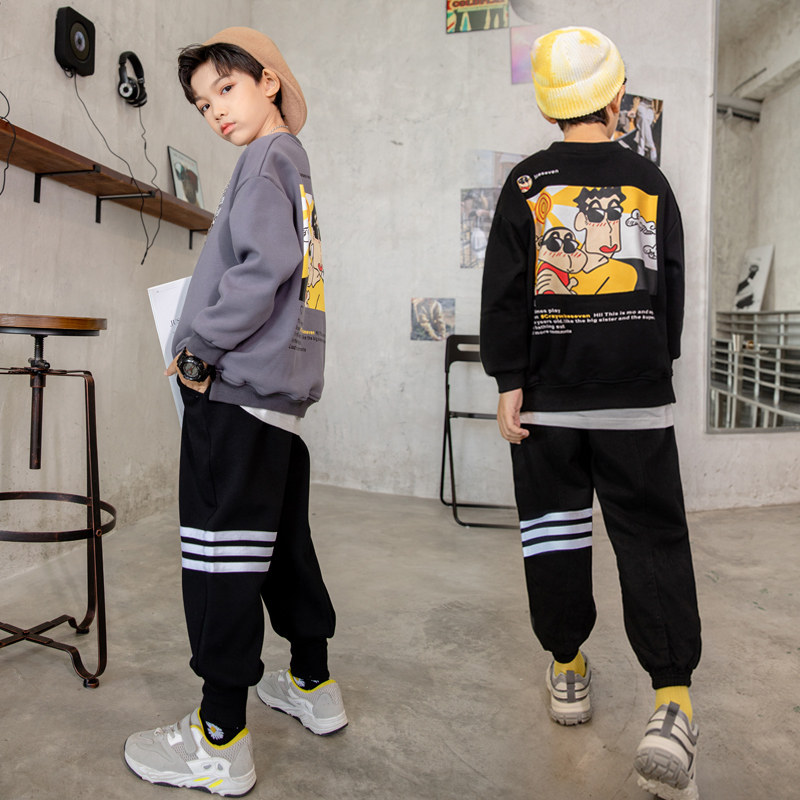 Children's spring wear in the middle of the big boy two-piece boys' sweatshirt set plus velvet thick loose children's net red foreign trend model