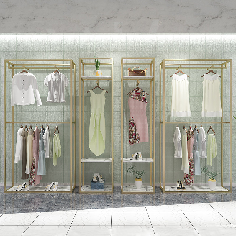 Simple clothing store display rack Nano gold clothing rack Floor-to-ceiling shelves Women's store hangers clothes rack side hanging