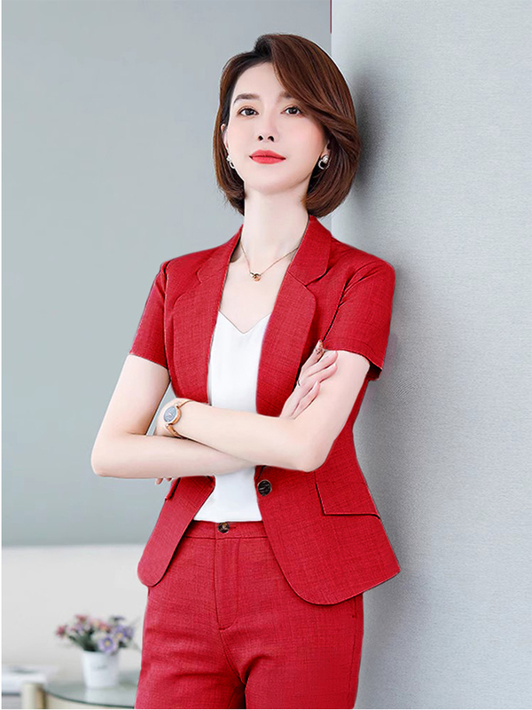 Red Suit Jacket for Women, Summer Thin Short-Sleeved Business Attire, Formal Wear, Elegant Goddess Style Suit Set, Work Clothes