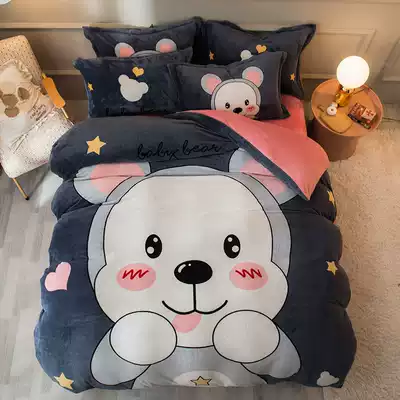 Cartoon coral velvet four-piece thickened warm winter flannel sheets bed hats quilt cover bed double-sided falexun