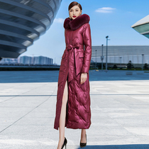 2021 Winter new long knee to ankle coat Fox real fur collar slim hooded down jacket women