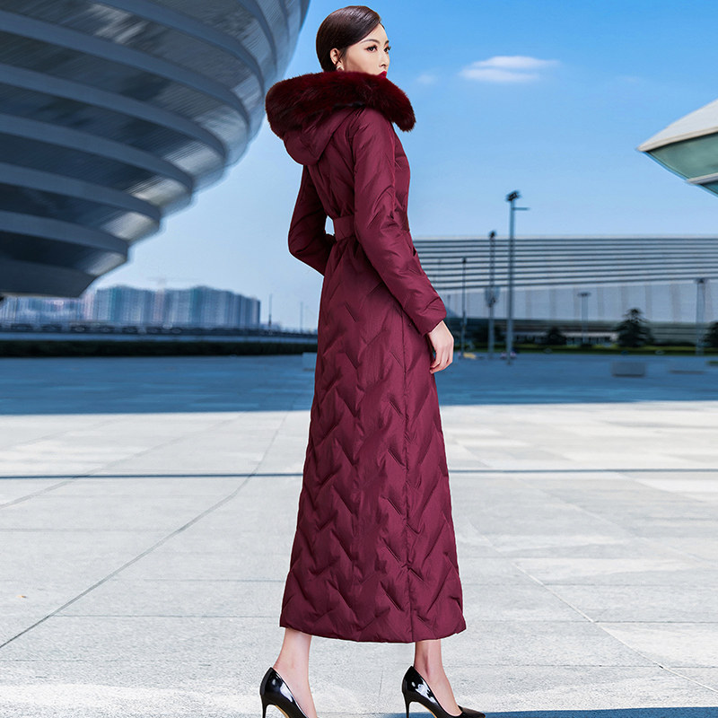 Down jacket 2021 new women's fashion waist fox big fur collar hood thickened super long knee to ankle