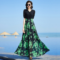 Green Broken Flowers Long Dress Fake two snowspun printed one-piece dress Women Summer 2022 new Slim Big Swing Long dresses
