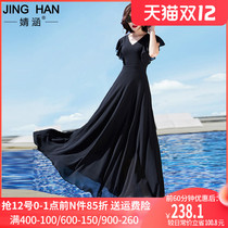 2021 new waist black chiffon dress female summer slim big dress high waist skirt temperament long