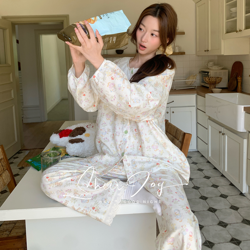 [A-Class Pure Cotton Yarn] Pajamas, Spring and Autumn Long-Sleeved Long Pants, Double-Layer Yarn, Sweet Lace Collar, Home Wear Two-Piece Set
