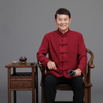 Spring and autumn thin linen long sleeve set Tang suit for middle-aged and elderly mens father lucky cotton linen birthday shirt