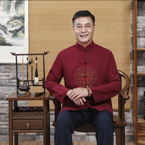 Chinese style autumn thin middle-aged and elderly mens linen long sleeve Tang suit Chinese casual large size dad shirt