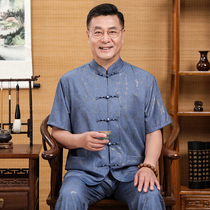 Summer thin short-sleeved linen middle-aged Tang suit dad two-piece Chinese cotton linen loose large size shirt